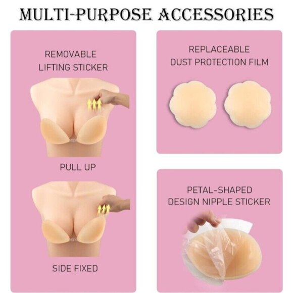 Adhesive Size B Bra Sticky Silicone Adhesive Strapless Backless w Nipple Covers - Picture 6 of 6